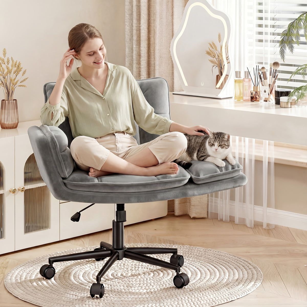 Modern Office Crossover Wheelchair, Luxurious Plush Vanity Chair with Wheels, Adjustable Armrests, Ergonomic Office Chair Suitable for Bedrooms, Computer Makeup Rooms, And Offices, Available in White, Black, Pink, And Gray, Stable And Durable