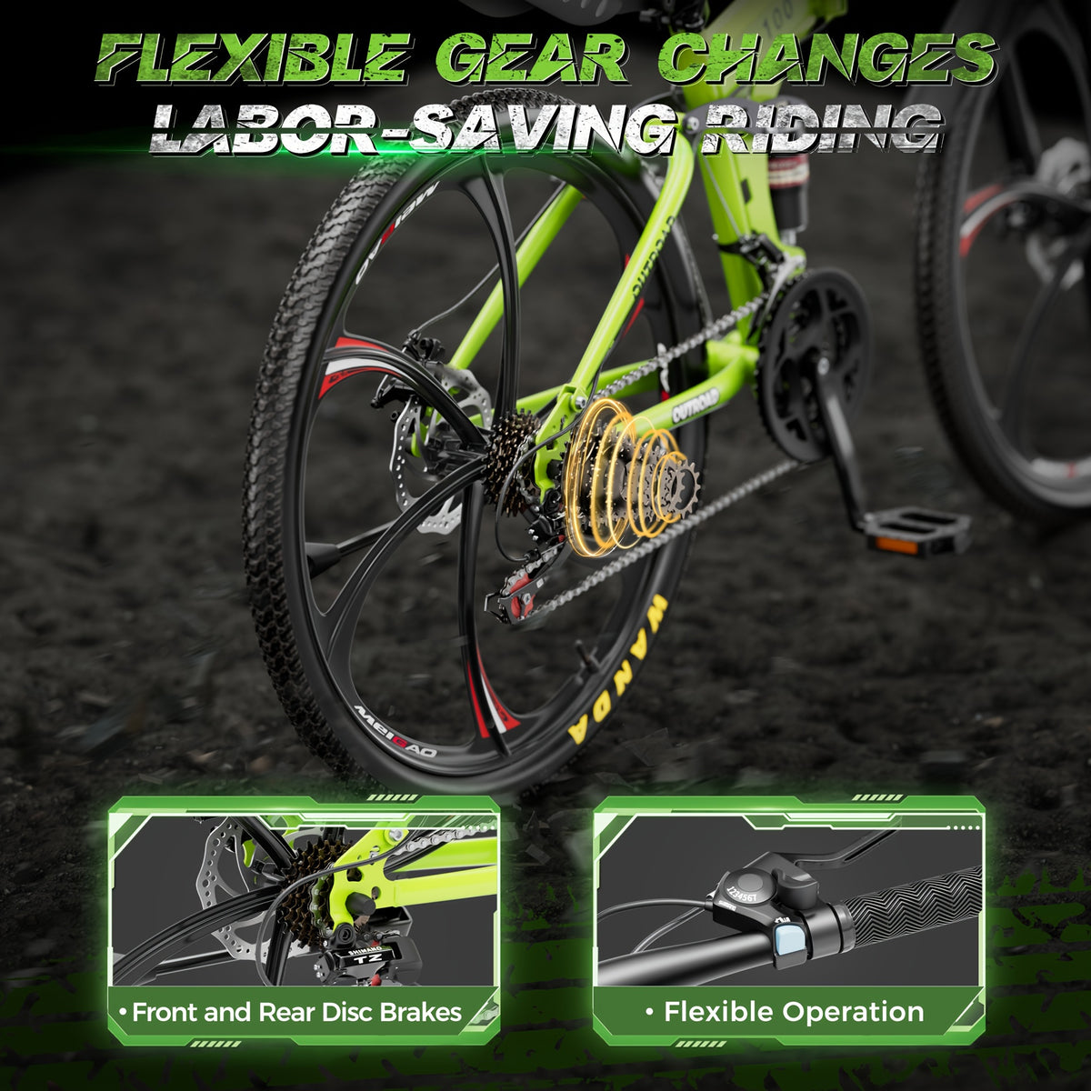 26 Inch Adult Folding Bikes/Mountain Bikes, 21 Speeds Mountain Bicycles With Full Suspension, Dual Disc Brake, High Carbon Steel Frame, Foldable Bike For Men/Women/Teen (Green&Black)