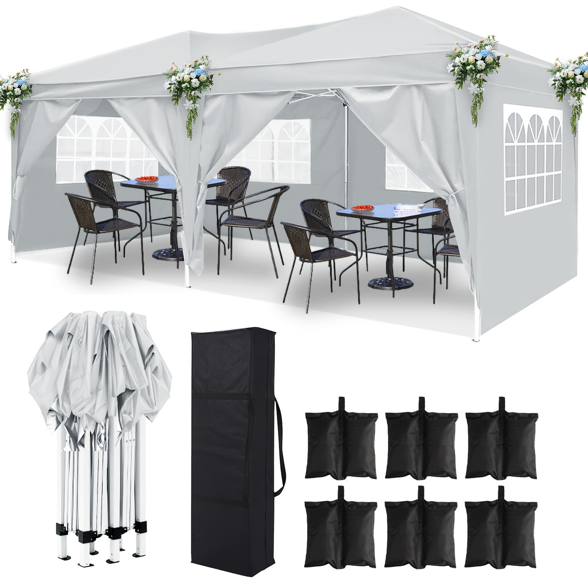10x20ft Pop Up Canopy with 6 Sidewalls, Setup Canopy Tent with 6 Sandbags, Waterproof Shade 10x20, Outdoor Canopies for Parties Weddings Backyard Waterproof Commercial Instant