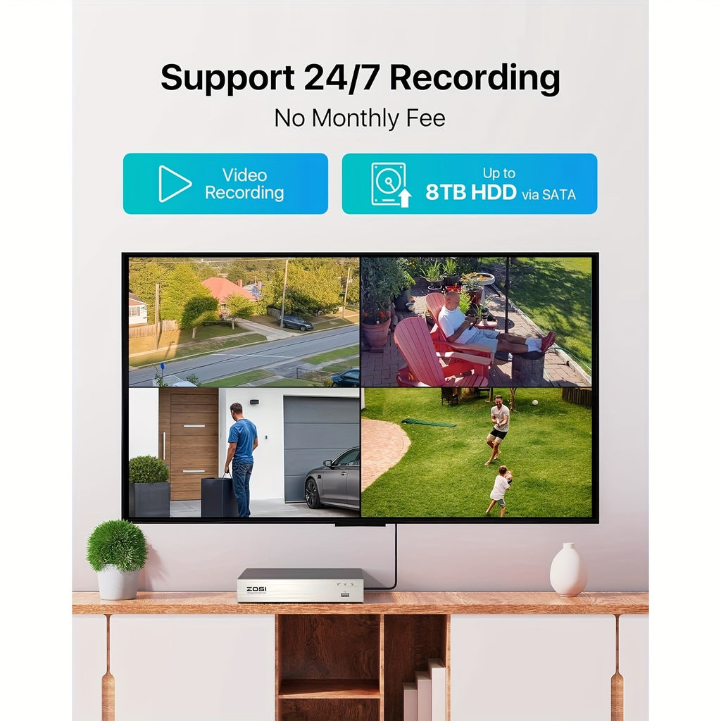 8-Channel 5MP Lite H.265+ ZOSI Wired Security Camera System - AI Human Vehicle Detection, 4-in-1 Output Signal, 8 x 1080P Surveillance Cameras with 60FT BNC Cables, Email Alert with Snapshots (No Hard Drive)
