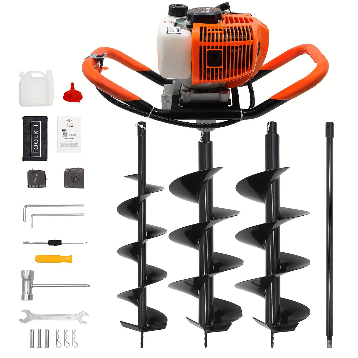 62CC Auger Post Hole Digger, 2 Stroke Gas Powered Earth Post Hole Digger With 2 Auger Drill Bits (6" & 8") + 1 Extension Rods For Farm Garden Plant, Orange (62CC)