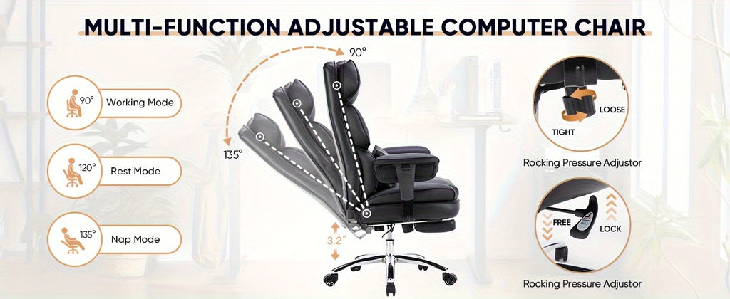 Home Office Reclining Desk Chair, Big and Tall High Back Executive Computer Task Chair with Leg Rest and Lumbar Support, Adjustable Height and Footrest, Armrest