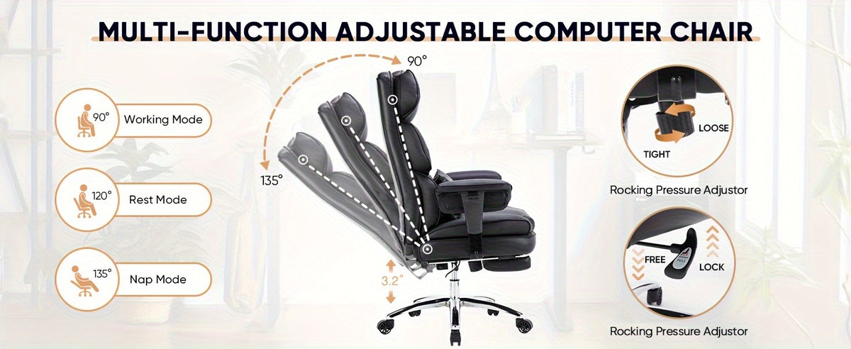 Home Office Reclining Desk Chair, Big and Tall High Back Executive Computer Task Chair with Leg Rest and Lumbar Support, Adjustable Height and Footrest, Armrest