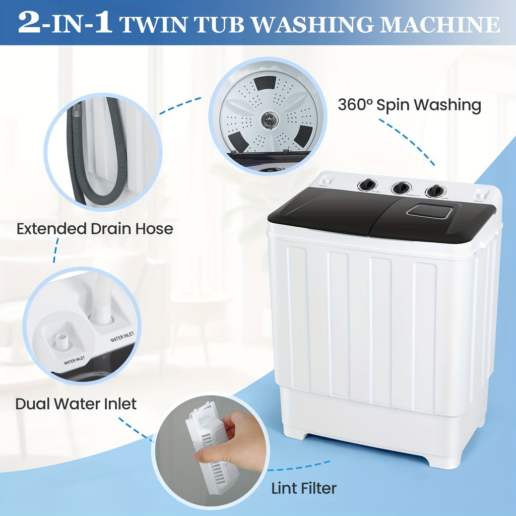 Portable Washing Machine 30Lbs 2 in 1 Compact Twin Tub Washing Machine, 19Lbs Washer And 11Lbs Spin Dryer with Built-In Drain Pump, Durable Design, Time Control, for for Apartments, Dorms, Rvs