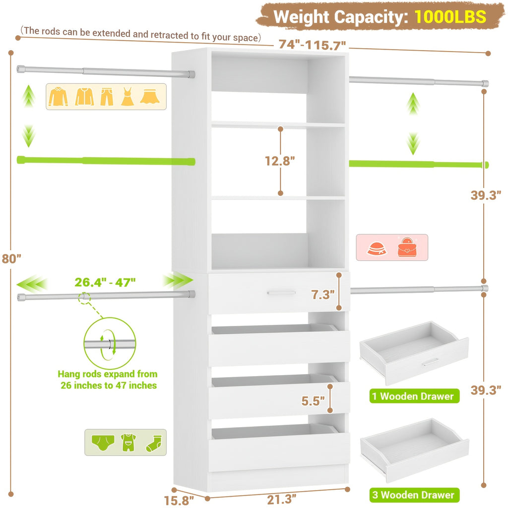 Closet System, Closet Organizer System with 4 Wooden Drawers, Walk-in Closet Wardrobe Clothes Rack with 4 Hanging Rods, Fit for 4-9ft Space, Garment Rack, White, Mounted Closet Systems