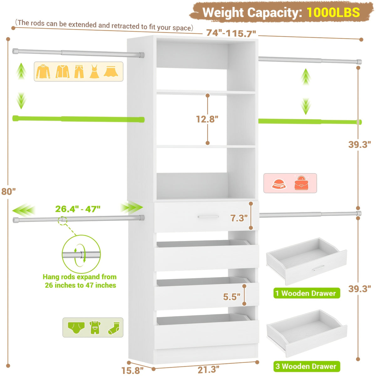 Closet System, Closet Organizer System with 4 Wooden Drawers, Walk-in Closet Wardrobe Clothes Rack with 4 Hanging Rods, Fit for 4-9ft Space, Garment Rack, White, Mounted Closet Systems
