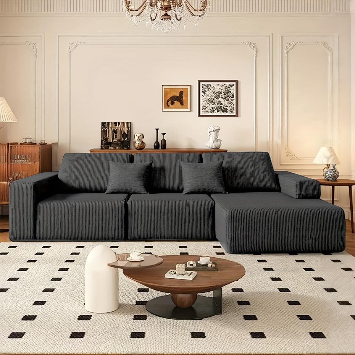 108-inch Modular Sectional Sofa, L-Shaped Cloud Couch with Chaise, Black Plush Fabric, Deep Seat Upholstered Couches for Living Room, Boneless Sofa