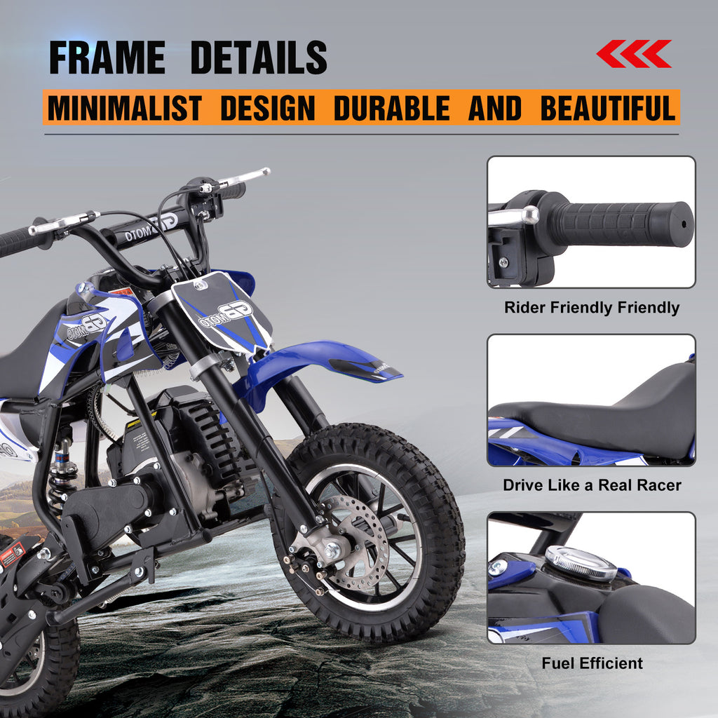 Mini Dirt Bike, 49 CC 2-Stroke Gas Bike (Model :DB001) with Off-Rode Tire, Suspensions, Disc Brakes, Max Load 160Lbs, Up to 20Mph-Included: gloves, face mask, cycling protective gear, cycling boots, and anti-theft lock.