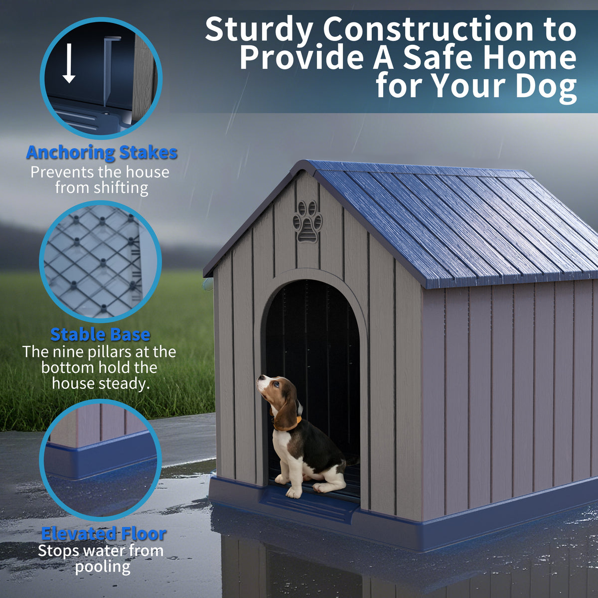 Super Big XXL 38" Outdoor Dog House For Small To Large Dogs Weatherproof Resin Pet Shelter With Peaked Roof, Raised Floor& Decorative Cut-Outs Easy Assembly Indoor/Outdoor Use Spacious Winter House For Christmas, Outdoor Weatherresistant Constructio
