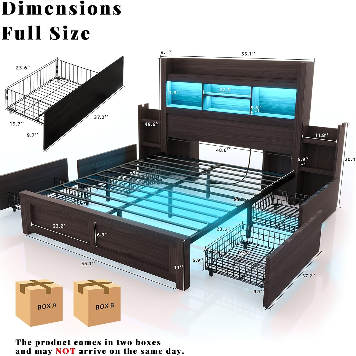 Farmhouse Wooden Bed Frame with 4 Storage Drawers, LED Bed Frame with 49" Tall Bookcase Headboard, Wood Platform Bed with Charging Station And 2 Slide Bedside Shelves