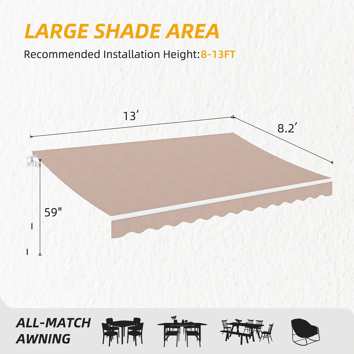 Patio Retractable Awning Sunshade Shelter Cover, Outdoor Patio Awnings for Shop, Restaurant, Cafe, Courtyard, Balcony