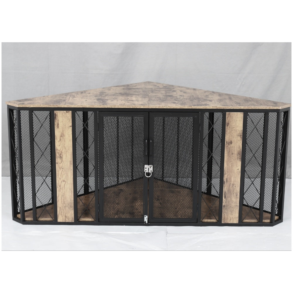 66 Inch Heavy-Duty Large Corner Dog Crate - XL Wood Kennel Cage with Double Doors & Lockable Panels, Spacious Multi-Section Furniture Pet Enclosure for Dogs (Great Danes, Mastiffs) - Sturdy Modern Design /Outdoor Use