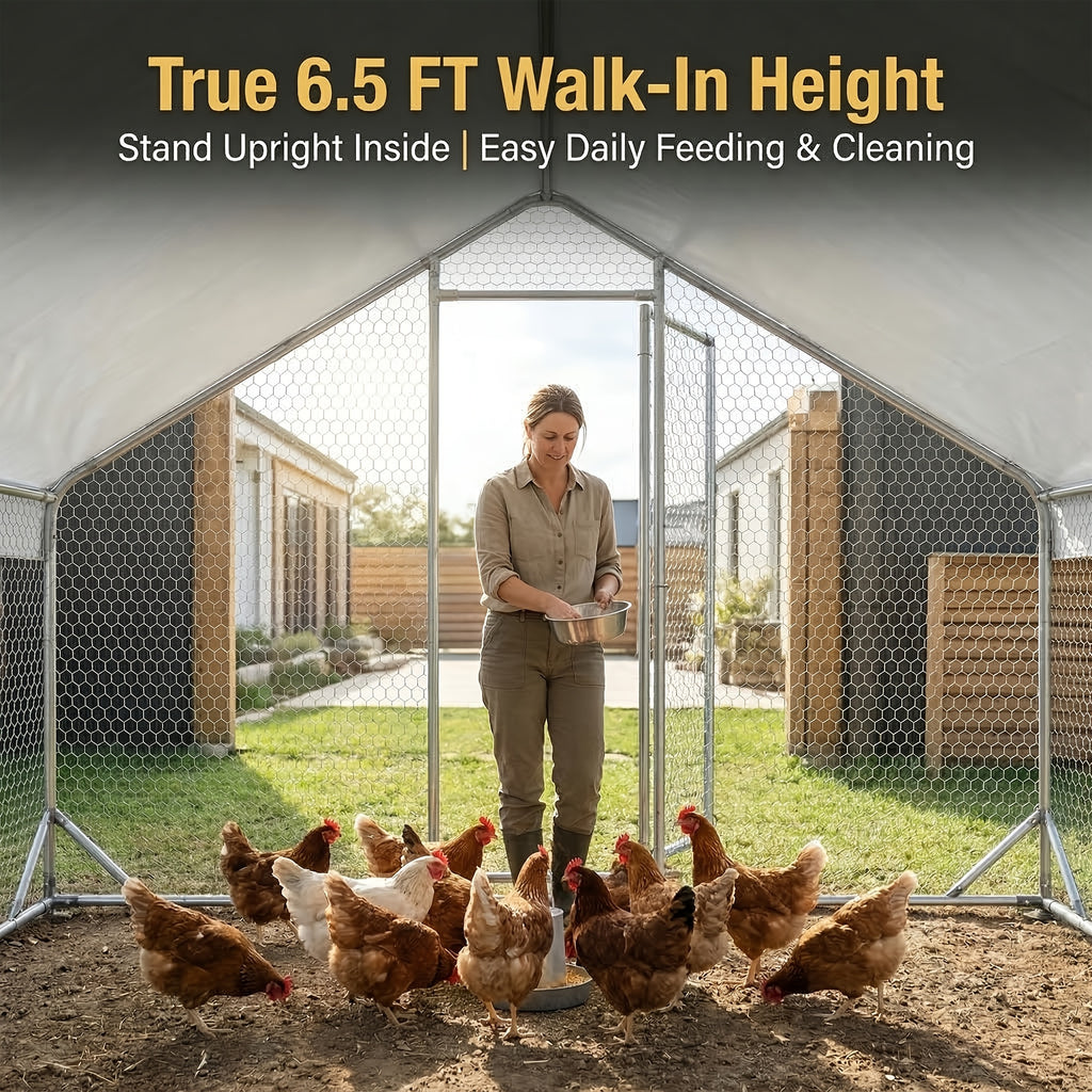Heavy Duty Reinforced Chicken Coop Walk In Chicken Run with Waterproof Cover Large Metal Poultry Cage Outdoor Chicken Pen with Free Chicken Roosting Ladder