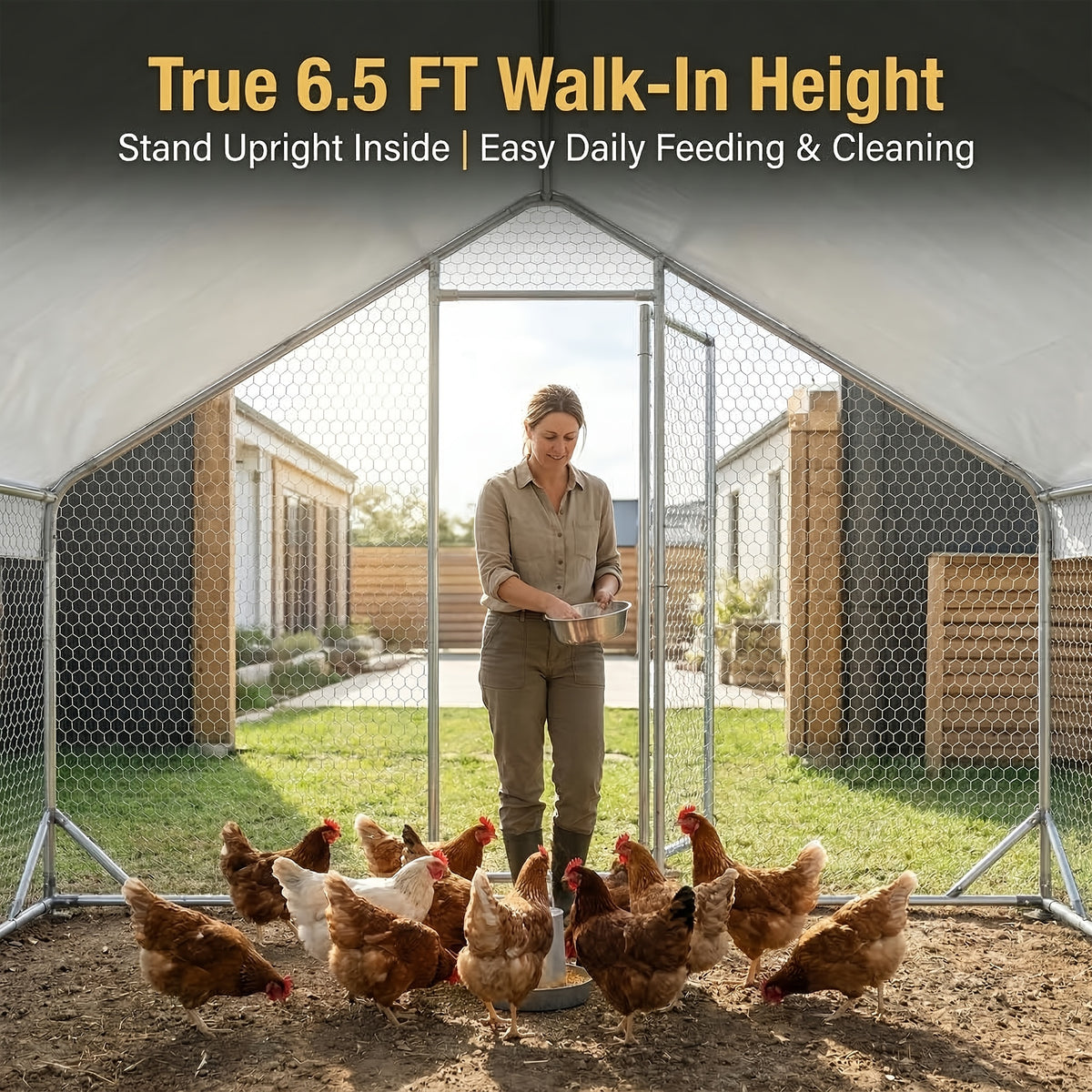 Heavy Duty Reinforced Chicken Coop Walk In Chicken Run with Waterproof Cover Large Metal Poultry Cage Outdoor Chicken Pen with Free Chicken Roosting Ladder