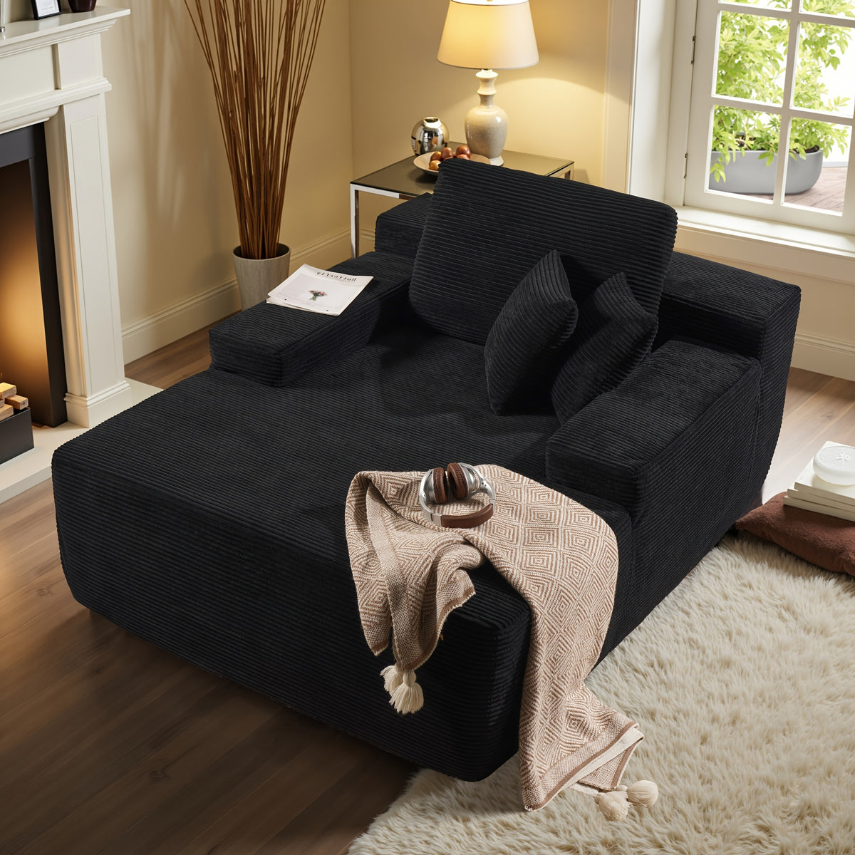 67" Oversized Boneless Lounge Chaise - Corduroy/Plush Fabric/Teddy Fleece Floor Couch with Pillows And Armrests | Deep Seat Single Sofa Bed with High Density Sponge Cushion | U Sleeper Couch for Living Room, Apartment, Bedroom | No Assembly Required