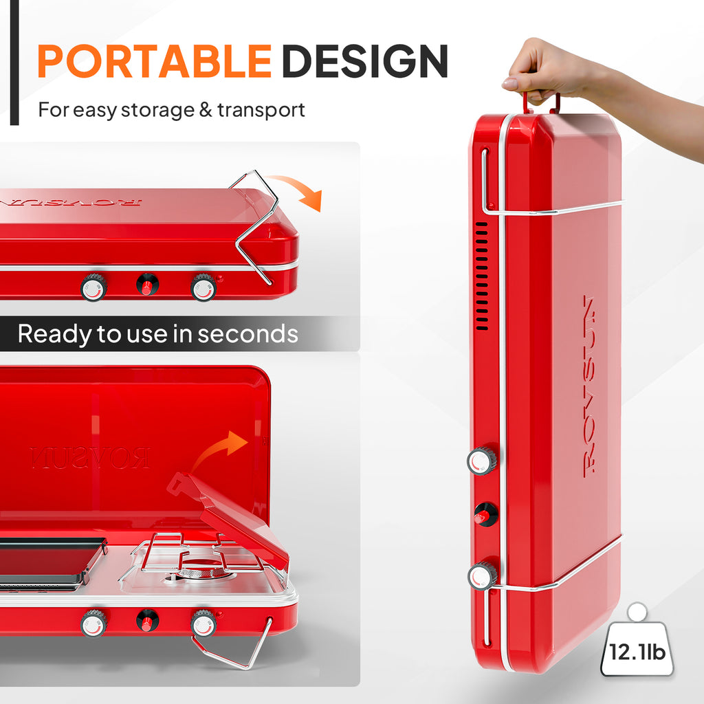 MEFEIR 2-in-1 Camping Stove with Propane Oven, Portable 2 Burner Stove & Outdoor Oven Combo with Auto-ignition & Thermometer for Camping Backyard Picnic