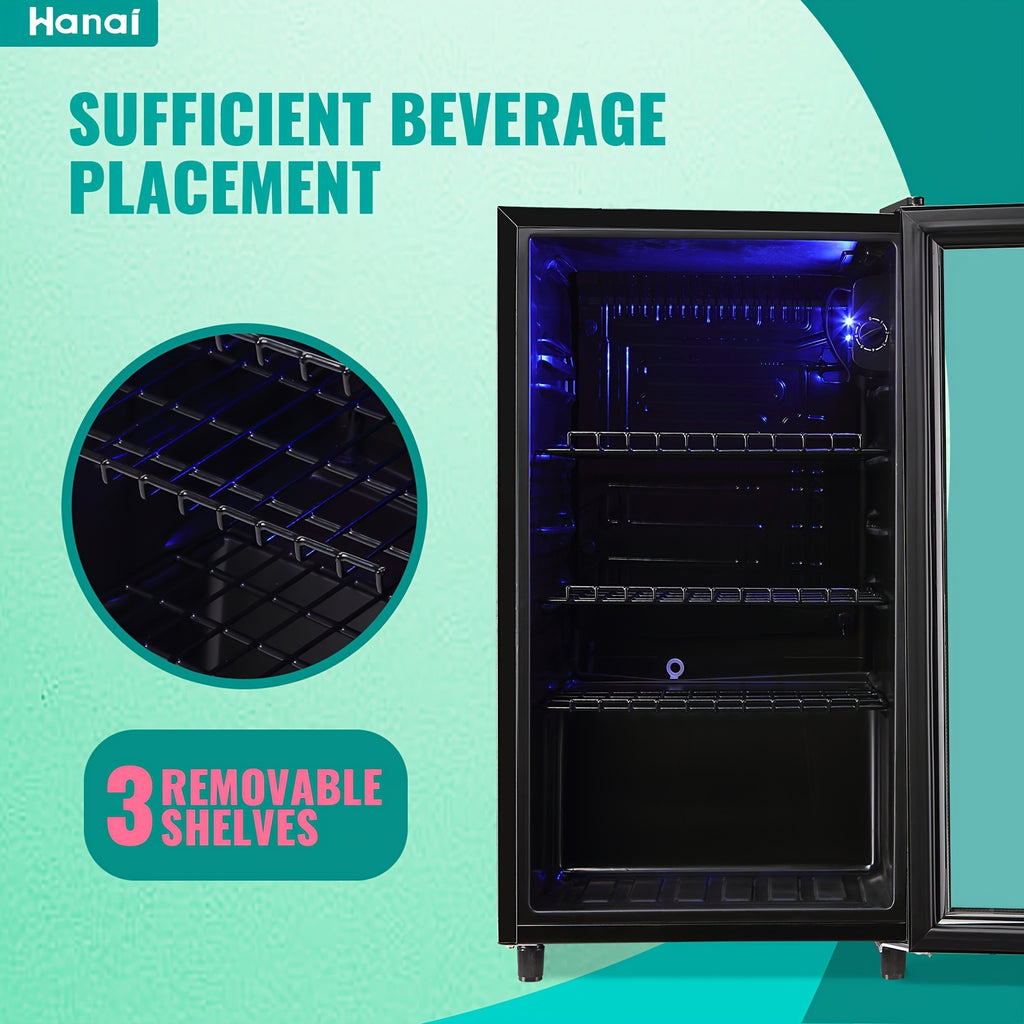 WANAI Beverage Refrigerator 125 Can Mini Fridge Cooler Black Mini Fridge Glass Door for Soda Juice Small Drink Cooler Machine Clear Front Removable for Home Office Bar Freestanding
