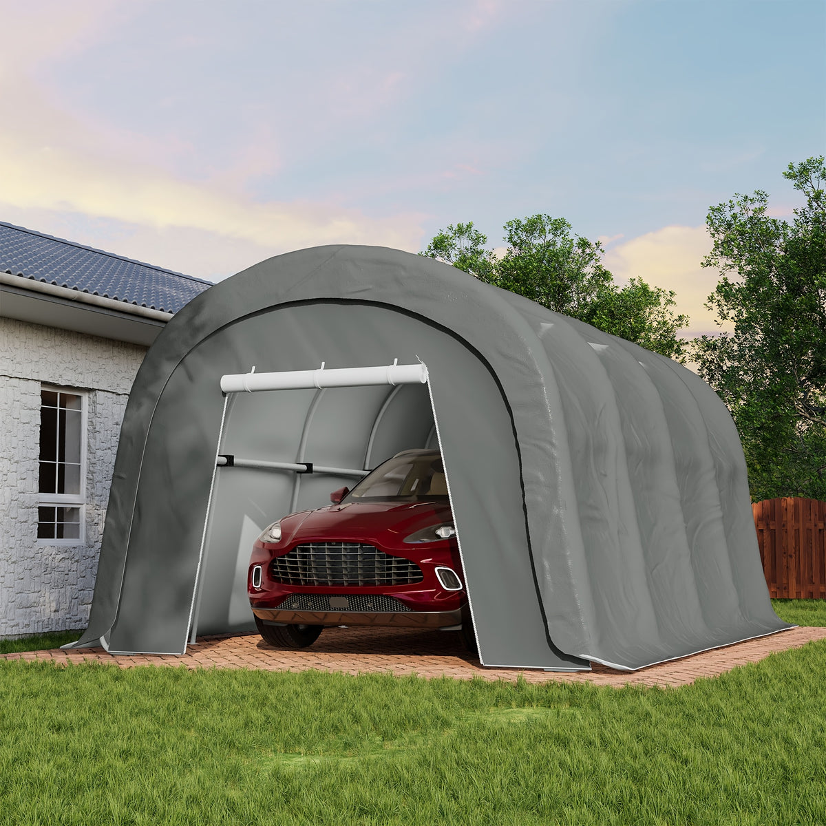 Outdoor Carport, Garage, Outdoor Storage, Courtyard Round Portable Garage, Outdoor 13 X 20ft Or 10 X 20ft Heavy Duty Carport, Tensioner And 2 Roll Up Doors Waterproof PE Fabric Car Port, Garage, Storage Shed, Tent for Storage, SUV, Brown/Grey