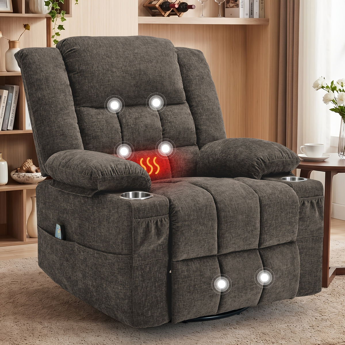 Swivel Recliner Chair for Adults with Massage and Heat — A 360° Rocking Seat for Living Rooms and Bedrooms