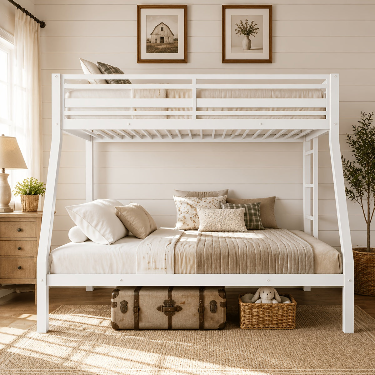 77.5"L Heavy Duty Metal Bed Frame, Twin Over Twin Or Full Over Twin Bunk Bed with Full Length Guardrails And Ladder, Black/Rustic Brown/White Options, Easy Assembly, Suitable for Shared Bedrooms, Bed Frame Without Mattress