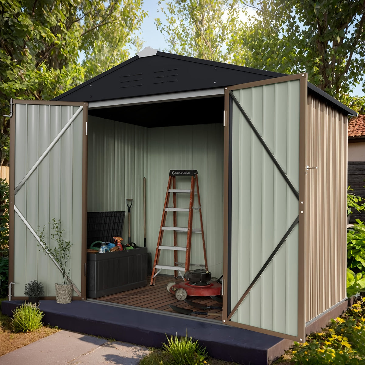 GUNJI 8X6 FT Outdoor Steel Storage Shed with Lockable Doors, Compact Small Bike Shed, Ideal for Garden, Backyard, Swimming Pool, Patio Utility And Tool Storage