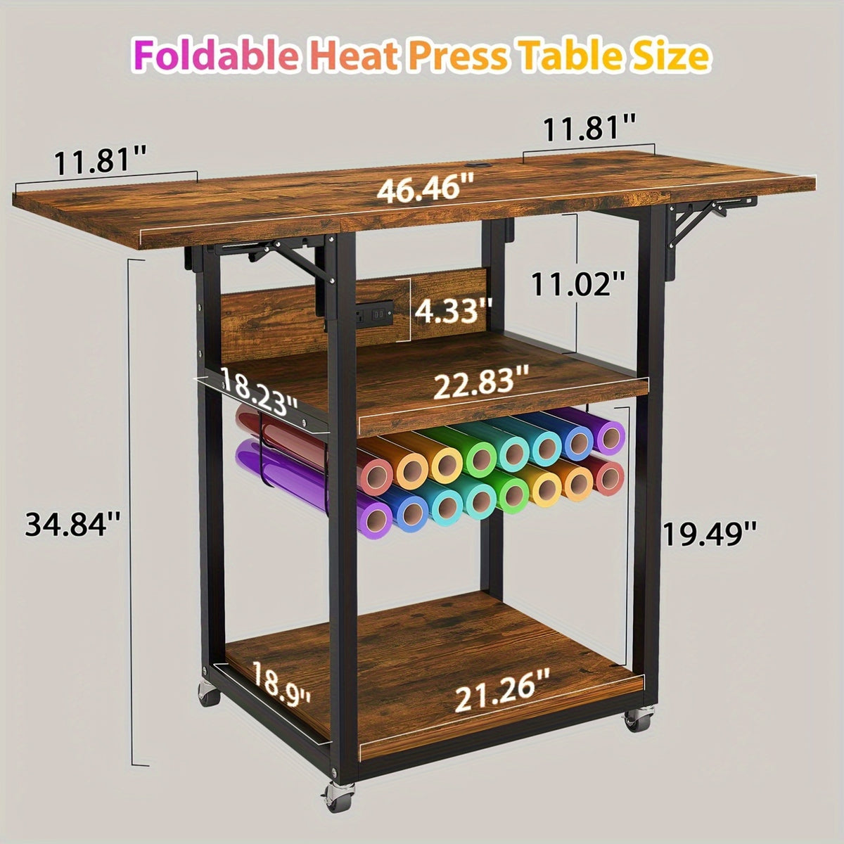 Foldable Heat Press Table, 3 Tier Movable Heat Press Stand With Vinyl Roll Holder, Heavy Duty Metal Shelf Cart For DIY Sublimation Transfer Machine And Printer, Brown