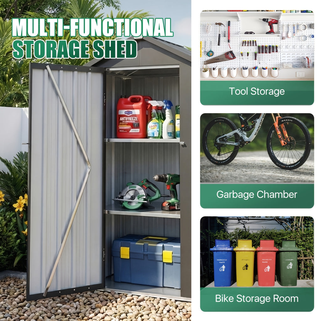 UMORLYRAE Vertical Metal Tool Cabinet, Weatherproof Outdoor Storage Shed with Floor Base & Adjustable Shelves, A-Frame Roof Design, Space-Saving for Garden, Garage, Patio(2.5x2ft/3.5x2.2ft)