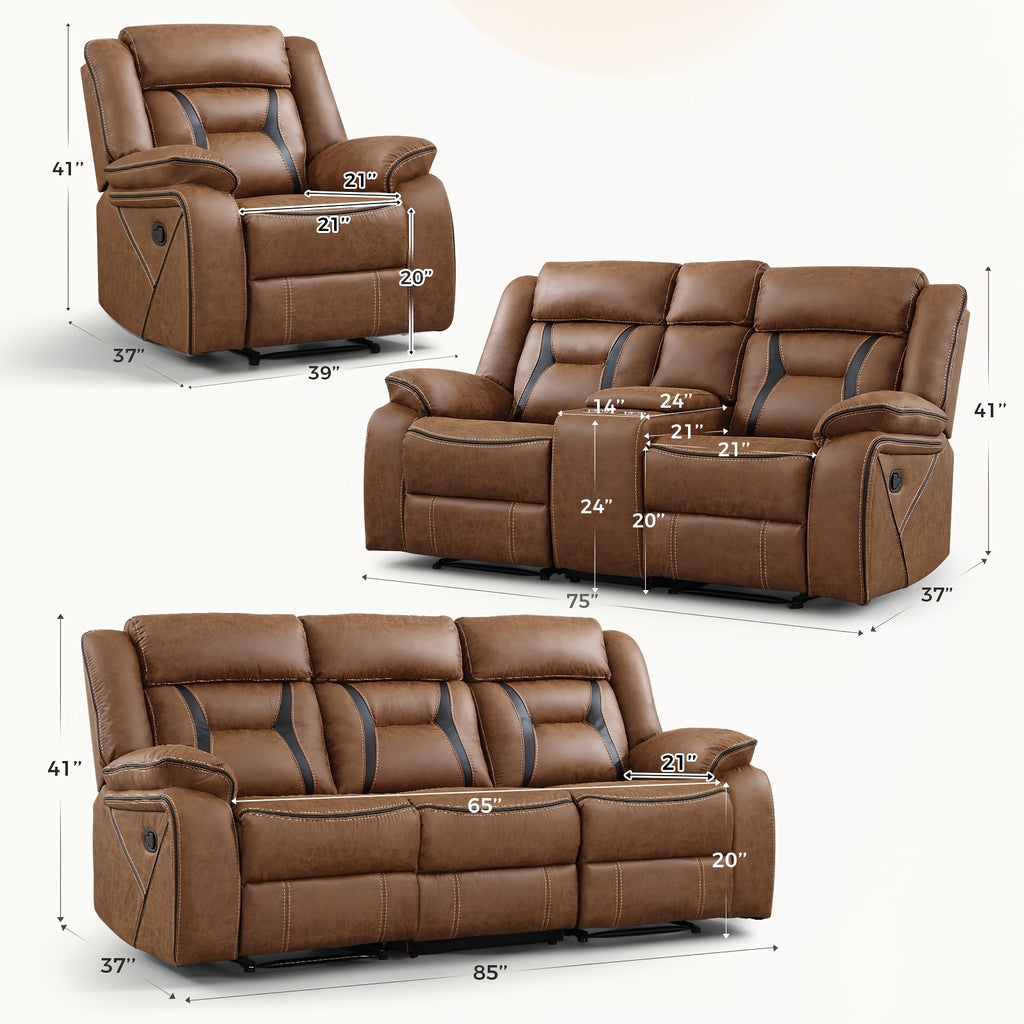 Faux Leather Manual Recliner Set: 3-Seat Sofa, Loveseat, Recliner Chair for Living Room And Meeting Room