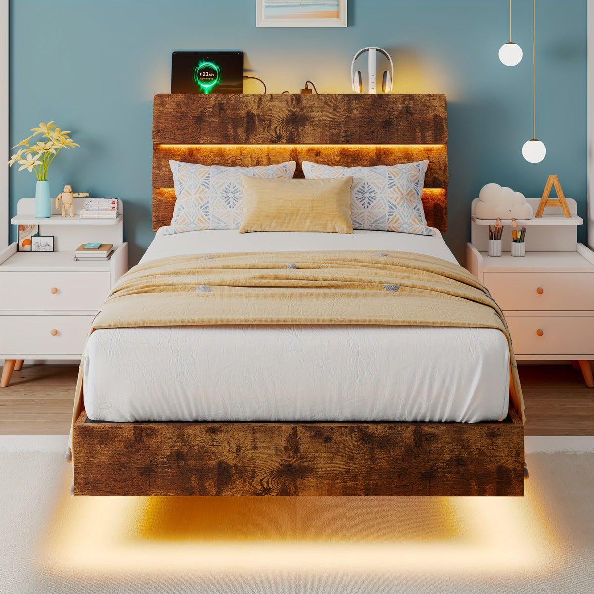 Valnase Floating Bed Frame with LED Lights & Charging Station, Platform Bed with Wooden Storage Headboard, Steel Slats Support, Easy Assembly