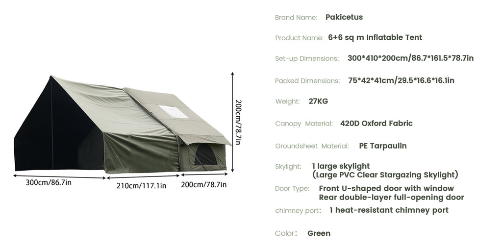 PAKICETUS Premium Inflatable Camping Tent For 4-6 Person, Summer Glamping With Quick Air-Flow & Breathable Mesh, 4 Season All-Weather Shelter, Luxury Large Air Tent With Manual Pump, Easy Setup Heavy-Duty Windproof Family Outdoor House