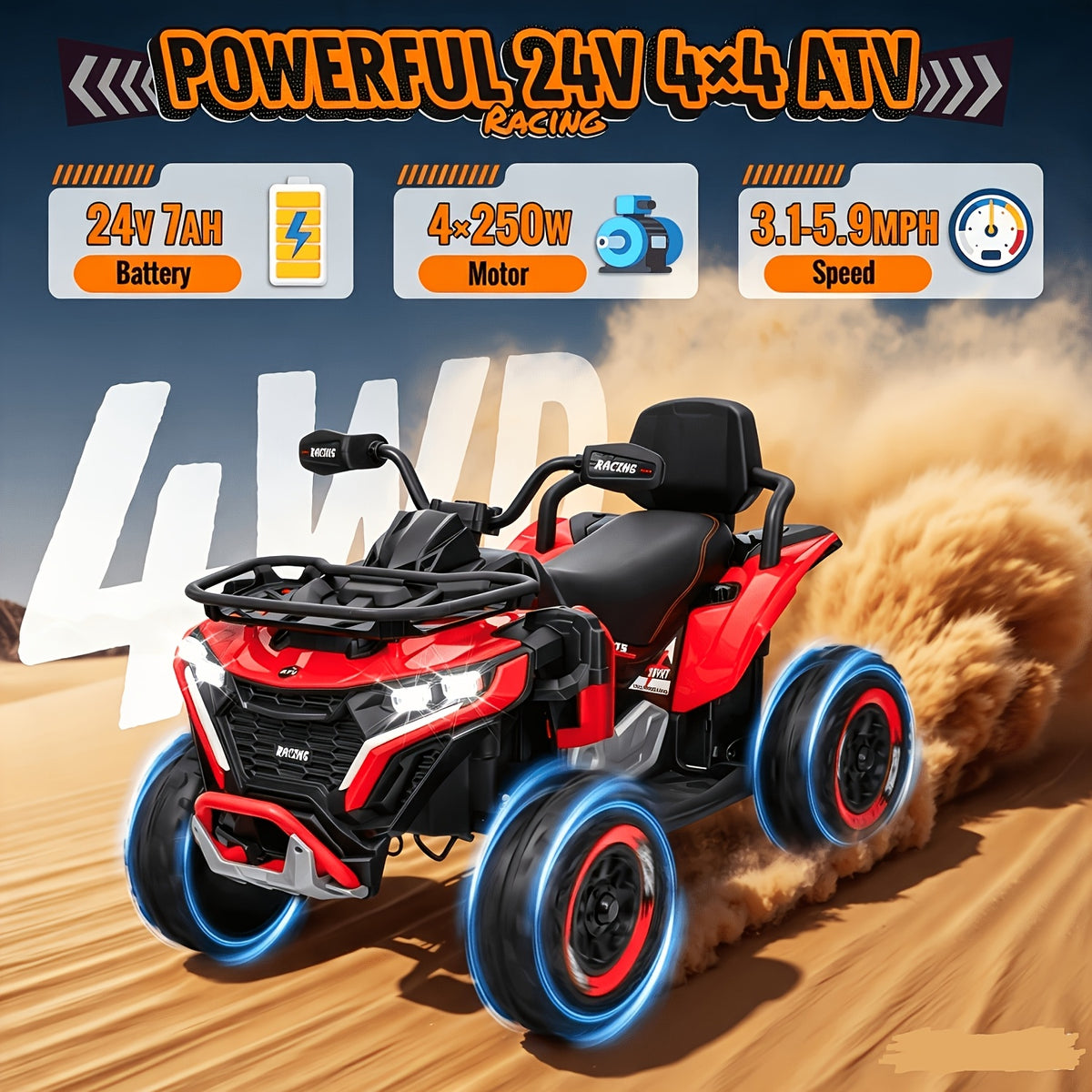 24V Electric Kids ATV Quad, 4WD Off-Road Vehicle, 2-Seater with Leather Seats And Knee Pads, Ride-On for Boys And Girls (/Red//Black) - Ideal Birthday/Christmas/Halloween Gift, 3 Speeds, Remote Control Design