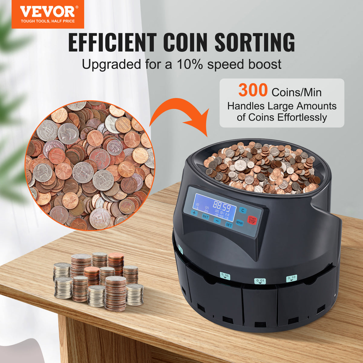 VEVOR USD Coin Counter & Coin Sorters with LCD Display, Coin Sorter Machine for USD Coin 1 5 10 25 1, Sorts up to 300 Coins/min, Change Counter Holds 2000 Coins Included 5 Coin Bins & 5 Tubes