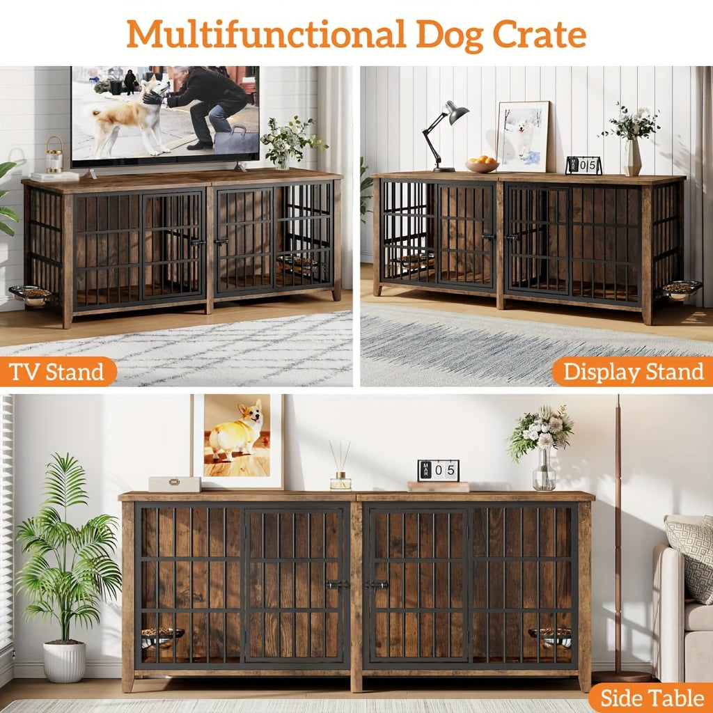 75/36/30in Furniture-Style Dog Crate with 360° Rotating Bowls, Adjustable Height, Safe Lock, Easy to Clean, Available In Gray/Brown, M, L, XL Sizes for One Or Two Dogs, Ideal for Home, Living Room Or Bedroom