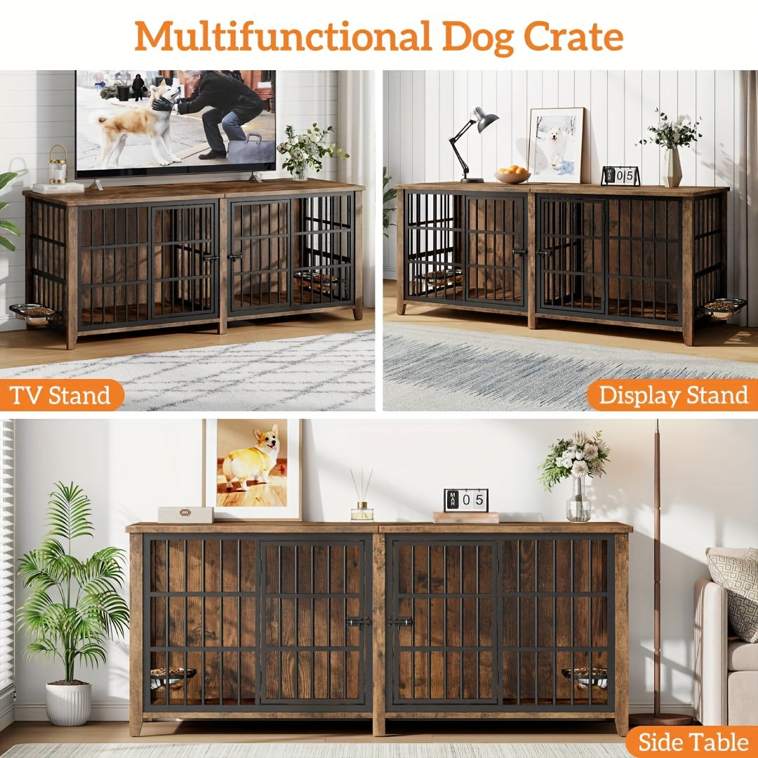 75/36/30in Furniture-Style Dog Crate with 360° Rotating Bowls, Adjustable Height, Safe Lock, Easy to Clean, Available In Gray/Brown, M, L, XL Sizes for One Or Two Dogs, Ideal for Home, Living Room Or Bedroom