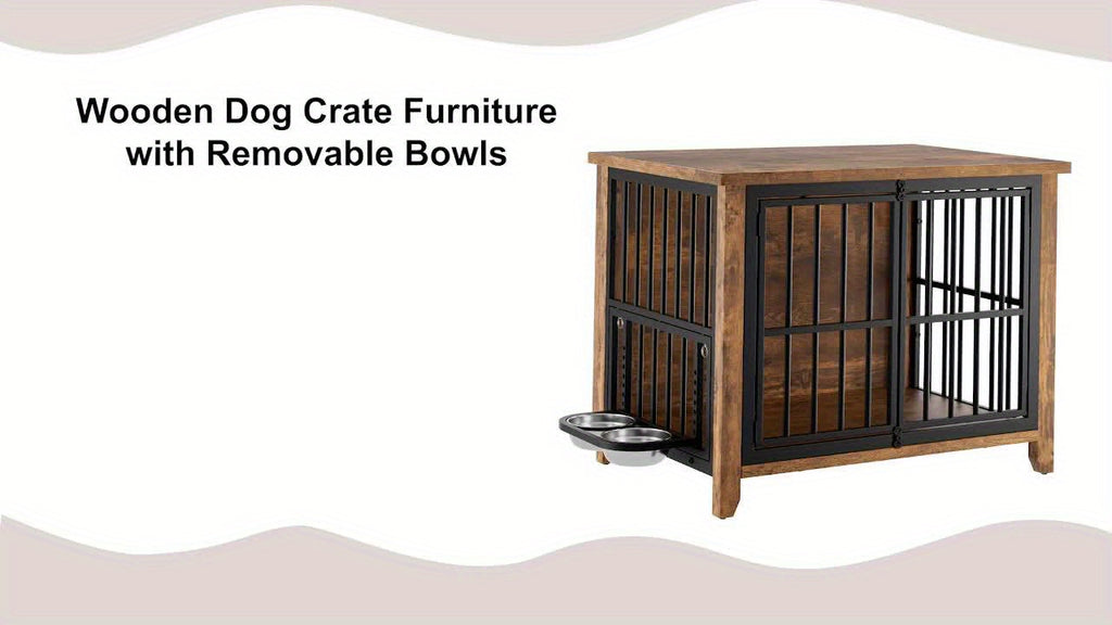 75/36/30in Furniture-Style Dog Crate with 360° Rotating Bowls, Adjustable Height, Safe Lock, Easy to Clean, Available In Gray/Brown, M, L, XL Sizes for One Or Two Dogs, Ideal for Home, Living Room Or Bedroom
