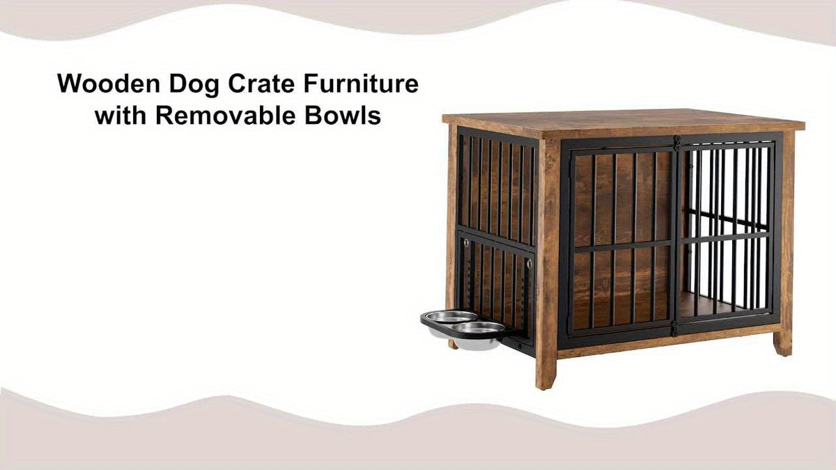 75/36/30in Furniture-Style Dog Crate with 360° Rotating Bowls, Adjustable Height, Safe Lock, Easy to Clean, Available In Gray/Brown, M, L, XL Sizes for One Or Two Dogs, Ideal for Home, Living Room Or Bedroom