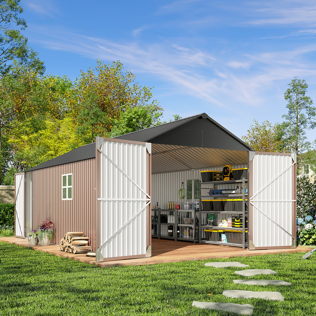 12x20x9.3/12x14/6x4ft Metal Storage Shed - Outdoor Garden Shed Kit, Lockable Tool Shed, Backyard Shed with Double Hinged Doors, 4 Windows, Carport for Car, Truck, Bike and Lawn Mower & Equipment, Brown