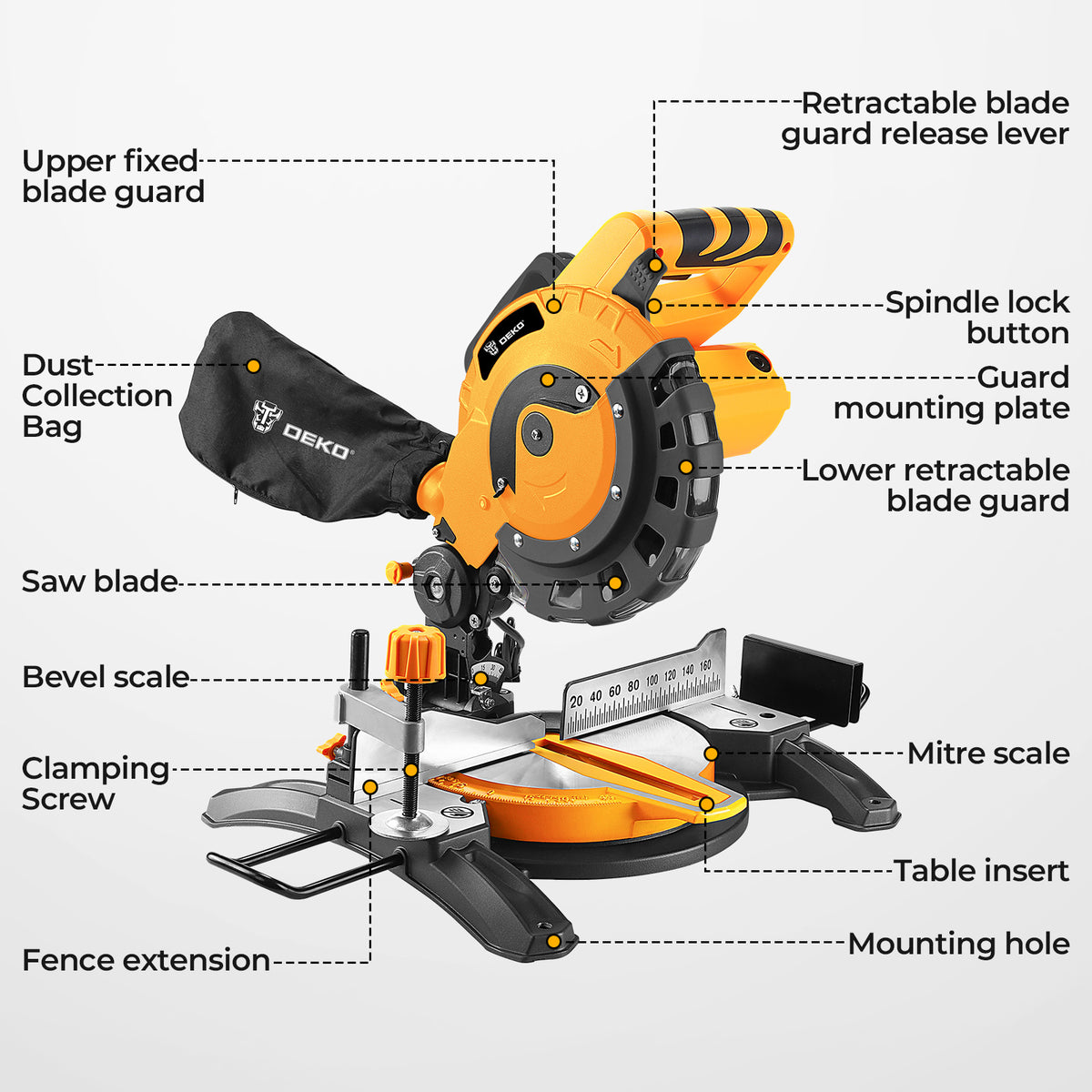 DEKOPRO Corded Miter Saw with Ring Spanner | 210mm Blade | 5000 RPM | 12A/1450W | 0-45° Single-Bevel | Electric Sliding Industrial Miter Saw | for Construction Woodworking, Furniture Factories, Metalworking Shops | for Cutting Wood, Metal, Pipes | Gifts f