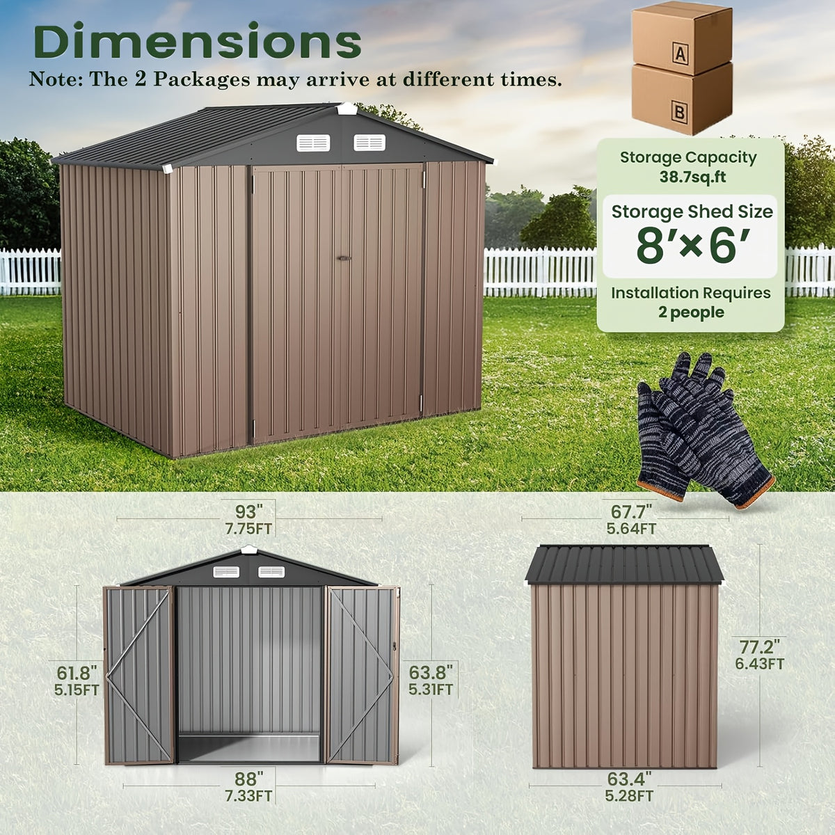 [Metal Storage Shed] 8x6ft (7.33'x5.28' Base, No Floor), 6 X 4ft, 10x12ft, 10x14ft, Metal Steel Outdoor Storage Shed with Air Vent & Lockable Doors, for Garden, Patio And Backyard, Tools, Bike