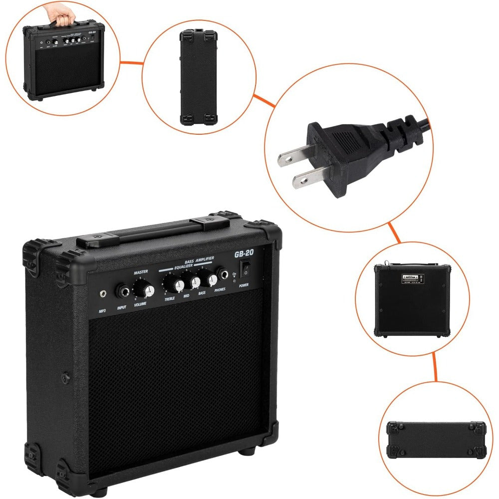 [Bass Guitar Set] Electric Bass Guitar Full Size Flame Design Bass Set with 20 Watt Amplifier, Portable Bass Bag, Superior Amp Wire, Adjustable Guitar Strap, Plectrum, Wrench Tool