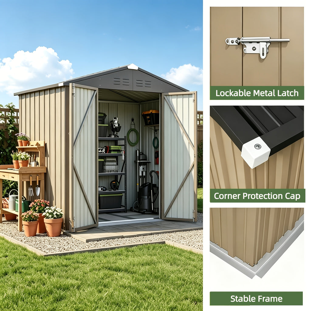 [Garden Storage Shed] GUNJI 5X3 FT And 6X4 FT And 8X6 FT Garden Storage Shed with Base Foundation, Heavy Duty Galvanized Steel Weatherproof Outdoor Tool Shed for Backyard Patio Lawn, Rust Resistant Lockable Door Tool House for Gardening Equipment Bike Sto