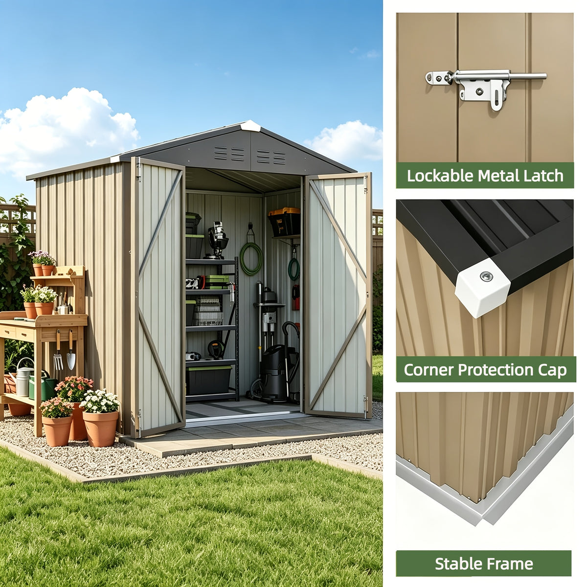 [Garden Storage Shed] GUNJI 5X3 FT And 6X4 FT And 8X6 FT Garden Storage Shed with Base Foundation, Heavy Duty Galvanized Steel Weatherproof Outdoor Tool Shed for Backyard Patio Lawn, Rust Resistant Lockable Door Tool House for Gardening Equipment Bike Sto