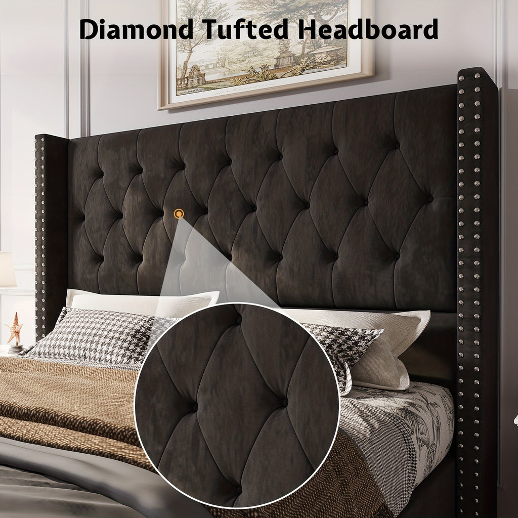 Papajet Velvet Upholstered Bed Frame with Wingback Headboard, No Box Spring Required