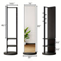 Full Length Mirror with Coat Rack & Storage, 360° Rotating Solid Wood Standing Floor Mirror with Shelves for Bedroom, Entryway, Dressing Room