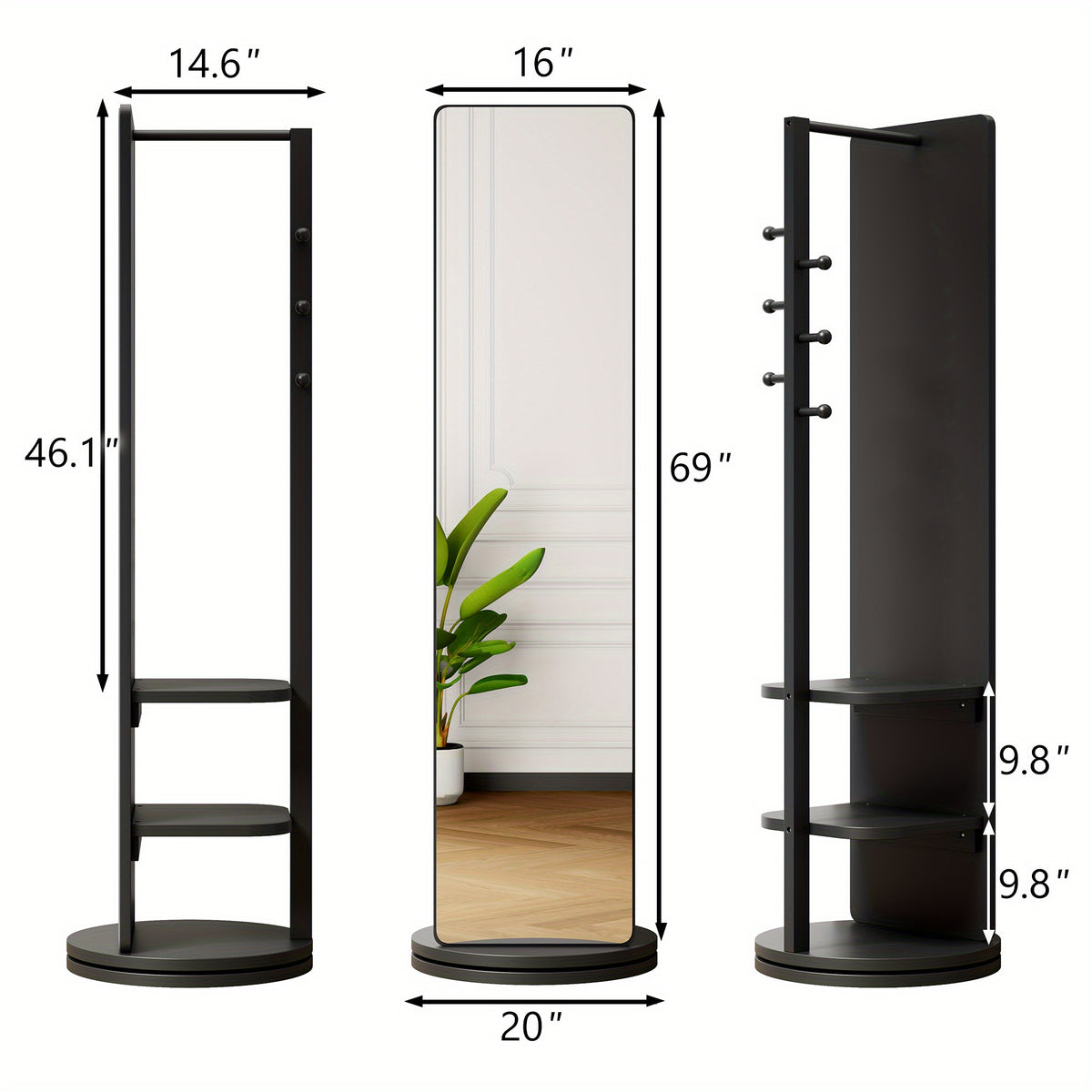 Full Length Mirror with Coat Rack & Storage, 360° Rotating Solid Wood Standing Floor Mirror with Shelves for Bedroom, Entryway, Dressing Room