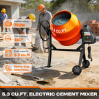 Electric Concrete Mixer with Wheels in 4.3 or 5.3 Cubic Feet for Cement and Mortar Mixing Jobs