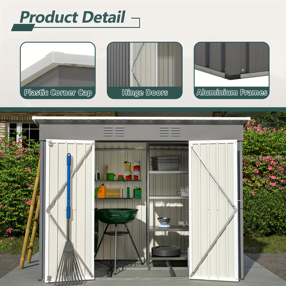 Outdoor Metal Storage Shed, 8' x 4' Gray Backyard Organizer with Lockable Door and Floor Frame