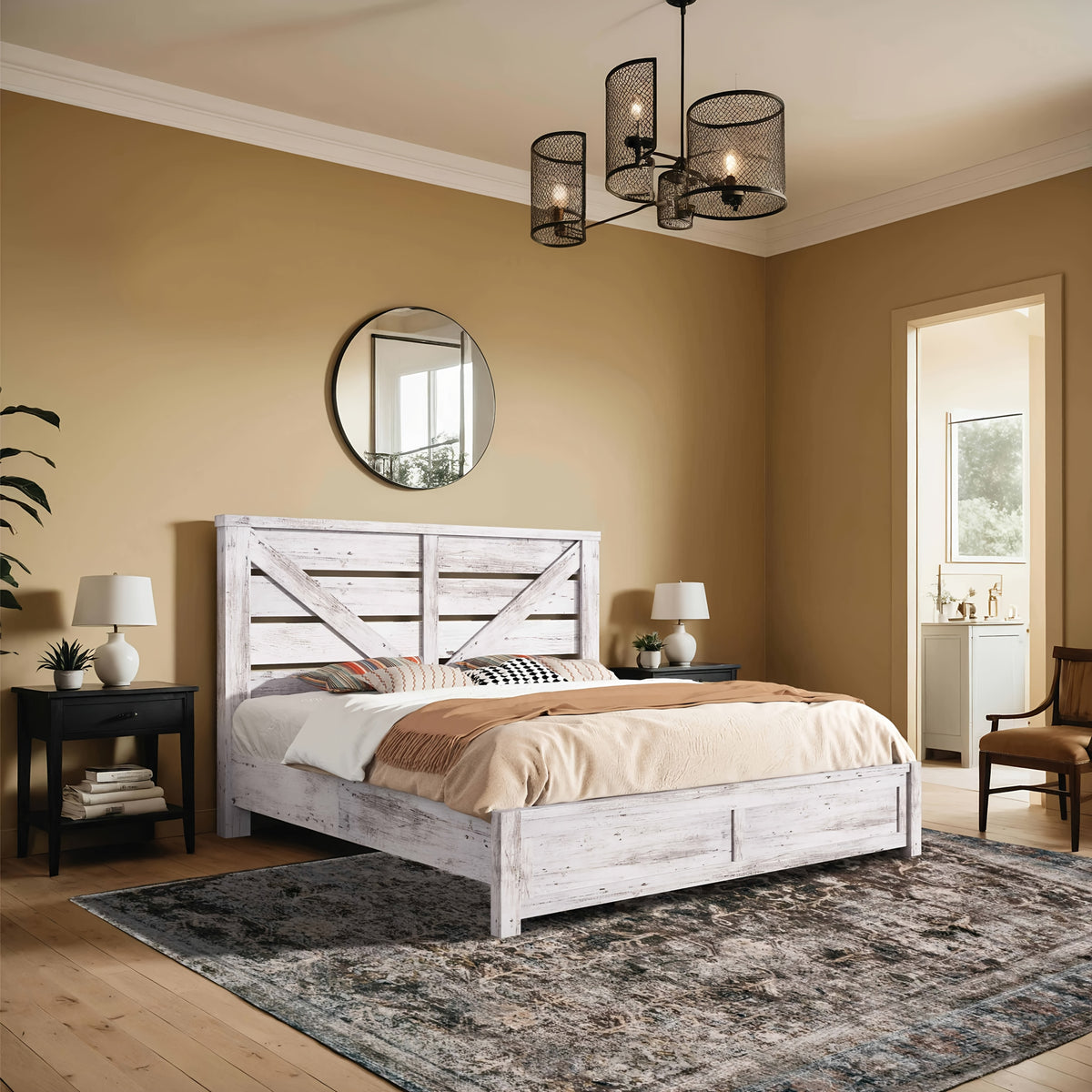 Farmhouse Bed Frame with 49.2" Barn Door Headboard, Platform Bed Frame with Wood Slat, Under Bed Storage Space, Easy Assembly, Noise-Free