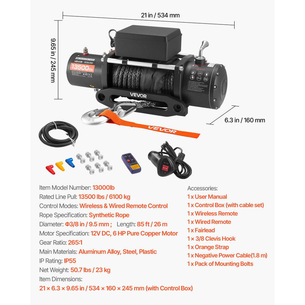 VEVOR Electric Winch, 13500 lbs Load Capacity, 12V DC Truck Winch with Φ3/8 in x 85 ft Synthetic Rope, Wireless & Wired Remote Control, Towing Off-Road SUV Jeep Trailer Boat
