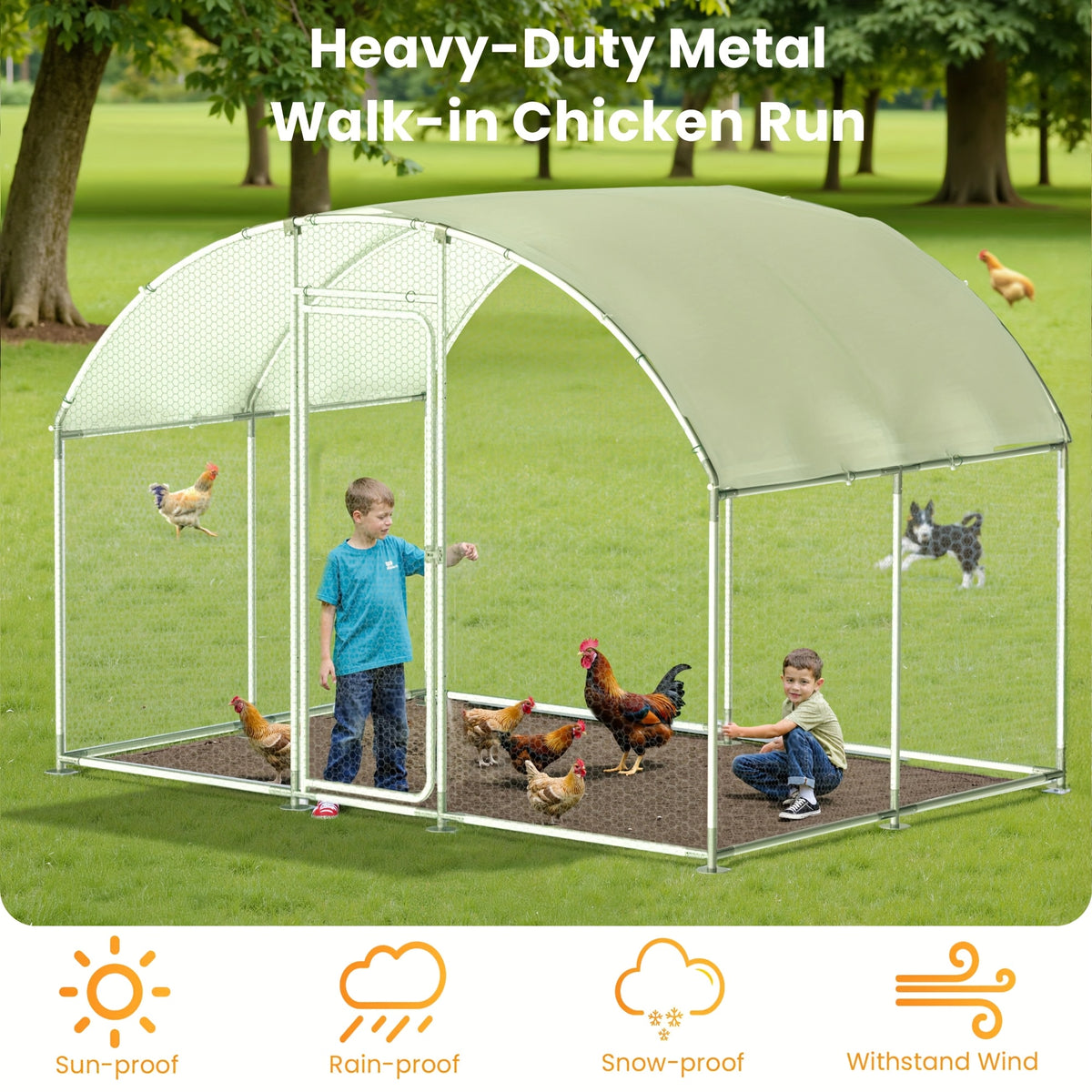 Large Metal Chicken Coops For 20 Chickens Runs For Yard With Waterproof Cover Walk-in Chicken Pen 10'Lx6.6'Wx6.6'H Outdoor Backyard Farm Use Round Roof Poultry Coop For Yard Garden With Waterproof Anti-UV Cover For Hens, Ducks, Rabbits